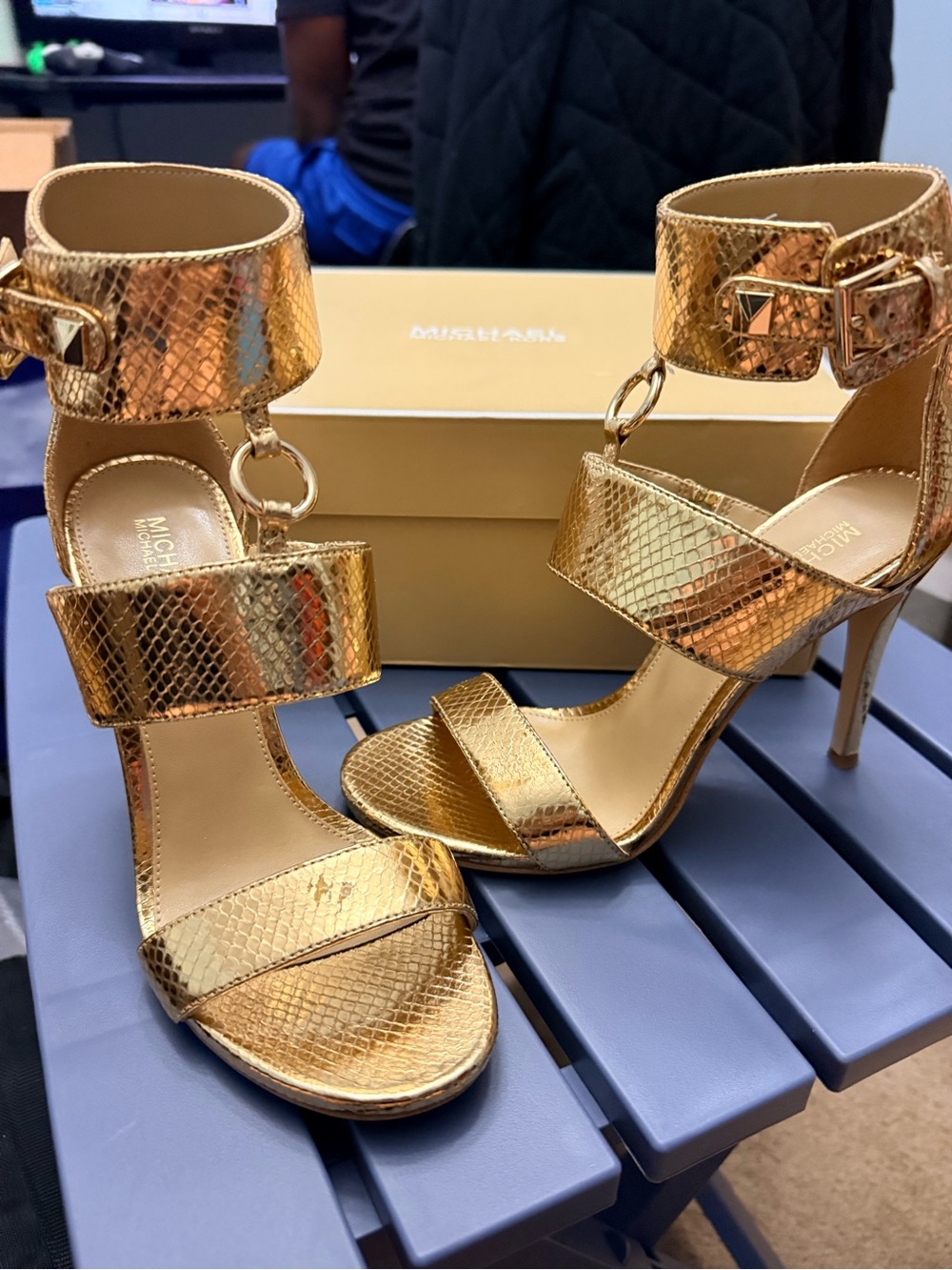 Michael Kors Metallic Gold Snakeskin Ankle-Strap Heels